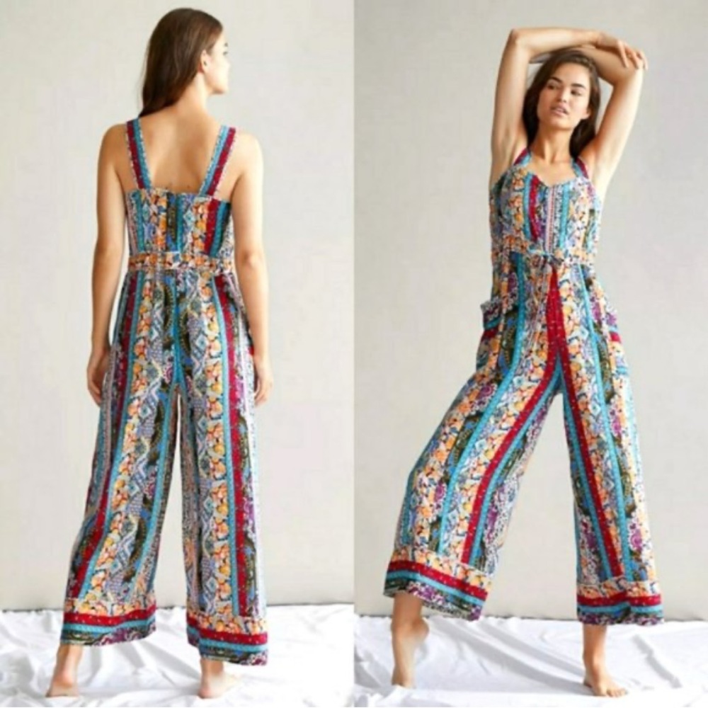 ANTHROPOLOGIE Calais floral bohemian wide-leg adjustable tie waist jumpsuit